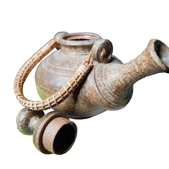 Unusual Clay Pottery Teapot with Rattan Handle Tall Lid Brown Handmade - Picture 13 of 13
